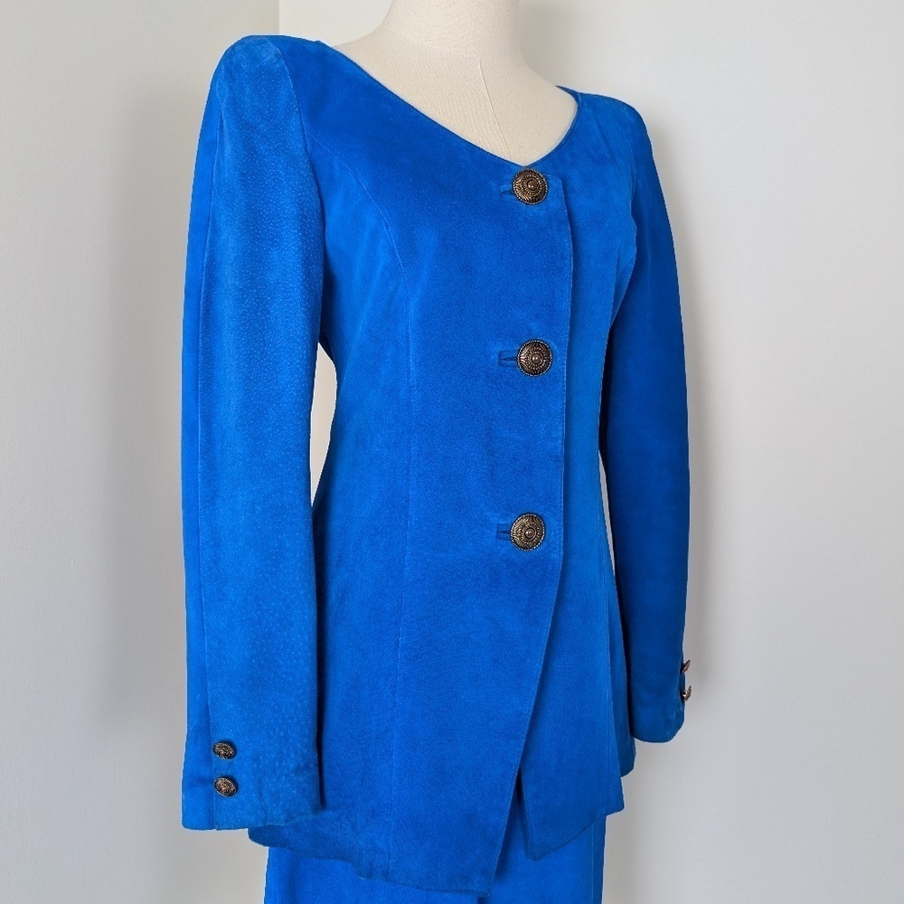 Danier Suede 2 Piece Blazer Skirt Set Size 4 Royal Blue Matching High Rise - Picture 5 of 15